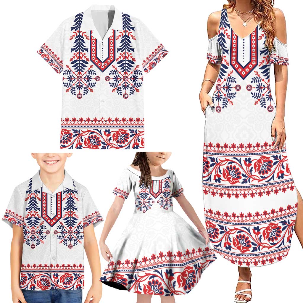 Panama Pollera Traditional Pattern Family Matching Summer Maxi Dress and Hawaiian Shirt