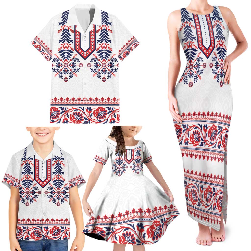 Panama Pollera Traditional Pattern Family Matching Tank Maxi Dress and Hawaiian Shirt