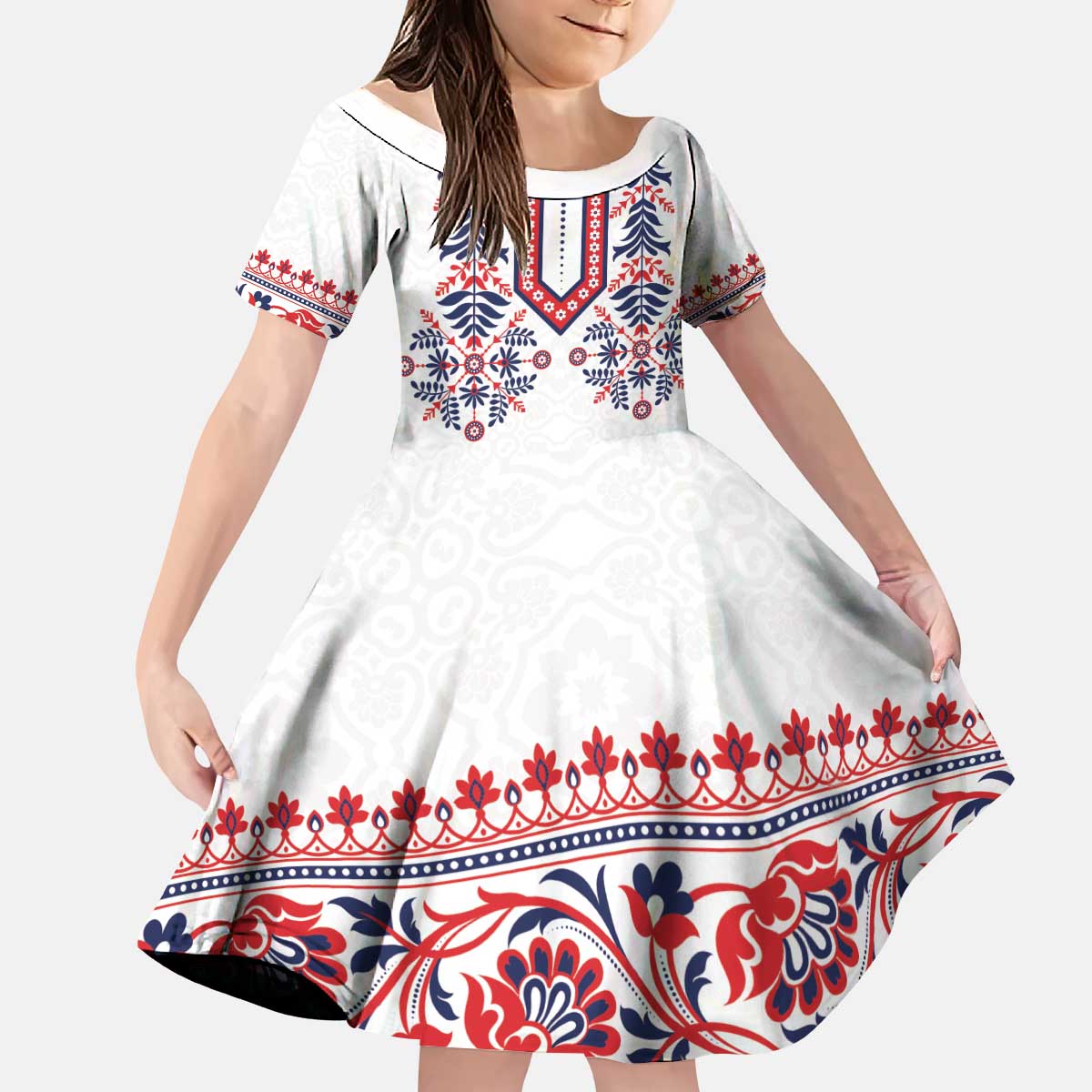 Panama Pollera Traditional Pattern Kid Short Sleeve Dress