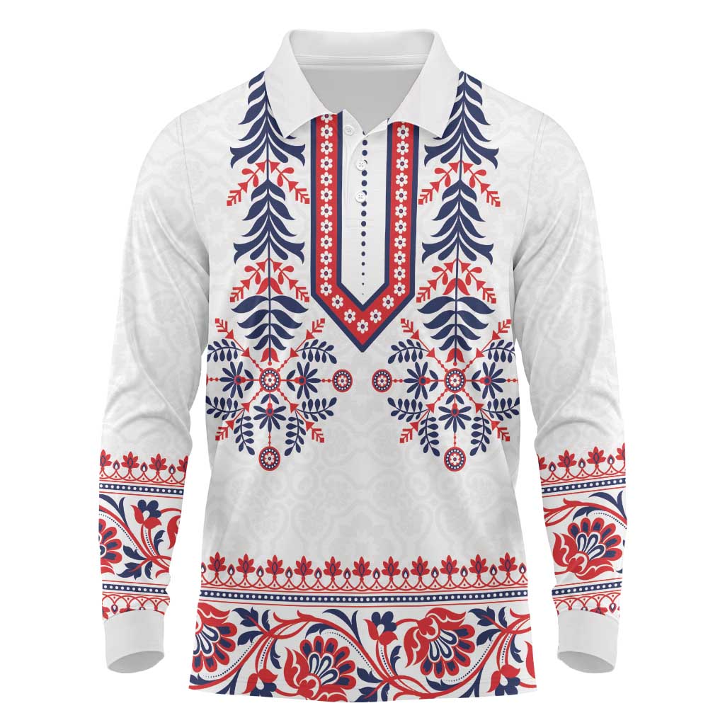Panama Pollera Traditional Pattern Long Sleeve Polo Shirt