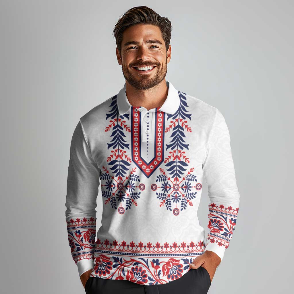 Panama Pollera Traditional Pattern Long Sleeve Polo Shirt