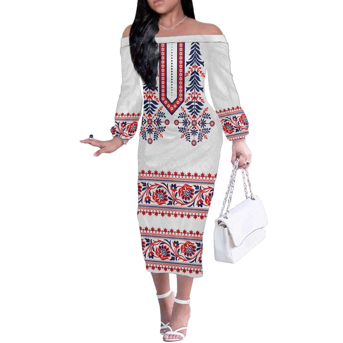 Panama Pollera Traditional Pattern Off The Shoulder Long Sleeve Dress