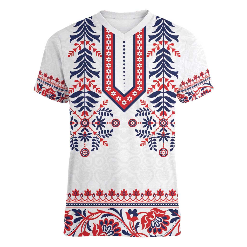 Panama Pollera Traditional Pattern Women V-Neck T-Shirt