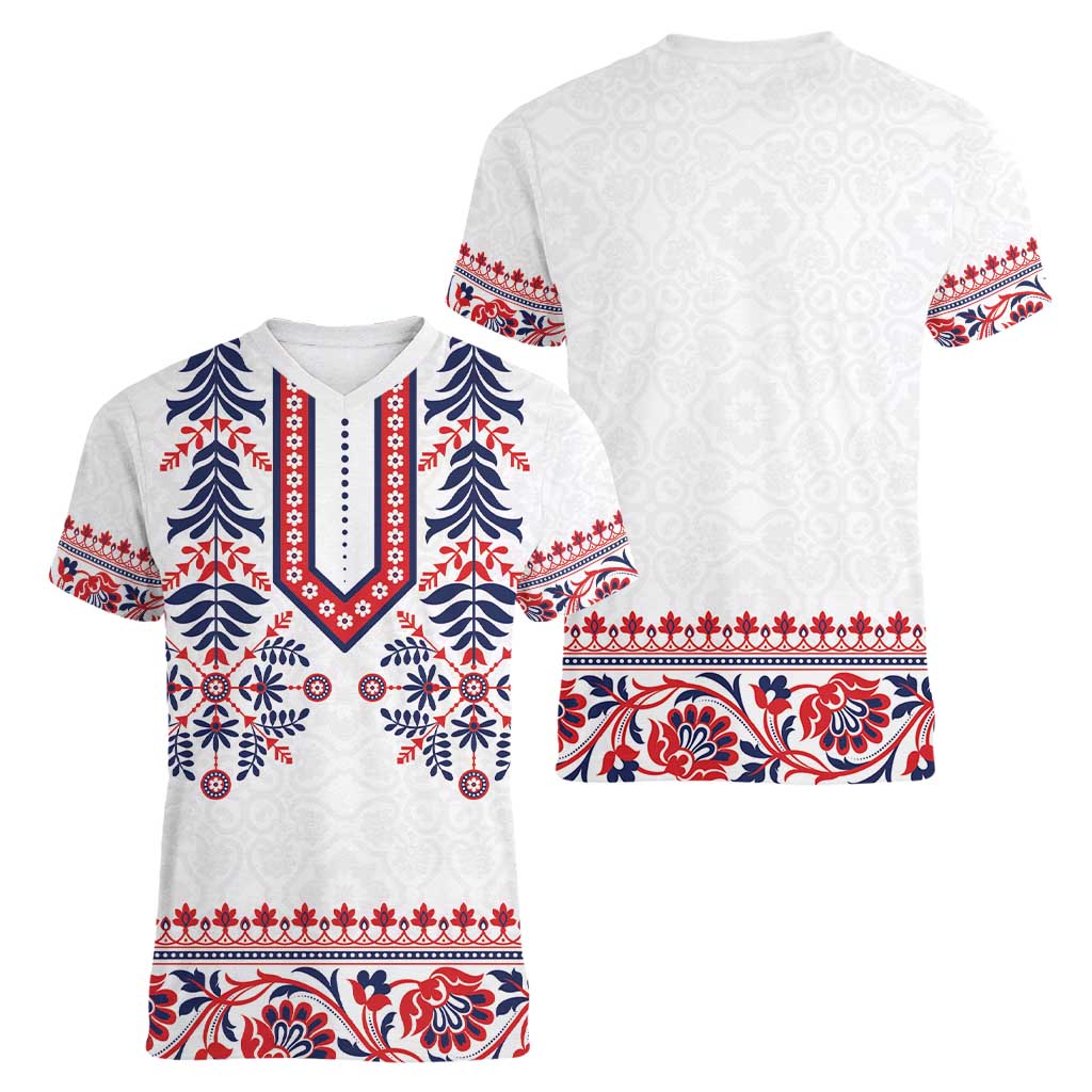Panama Pollera Traditional Pattern Women V-Neck T-Shirt