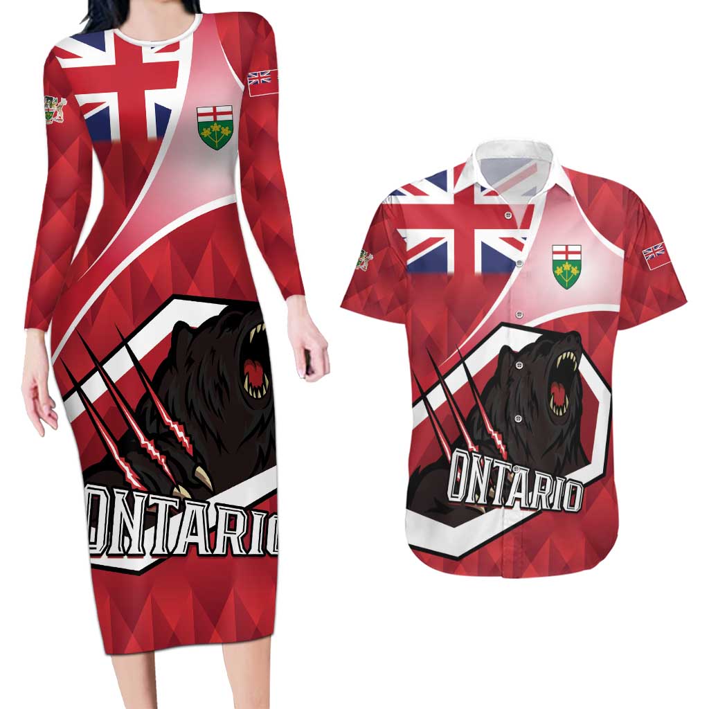 Personalized Canada Ontario Province Couples Matching Long Sleeve Bodycon Dress and Hawaiian Shirt Black Bear Flag Stylized