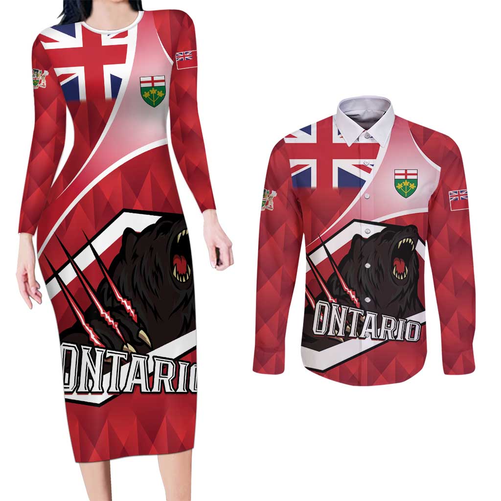 Personalized Canada Ontario Province Couples Matching Long Sleeve Bodycon Dress and Long Sleeve Button Shirt Black Bear Flag Stylized