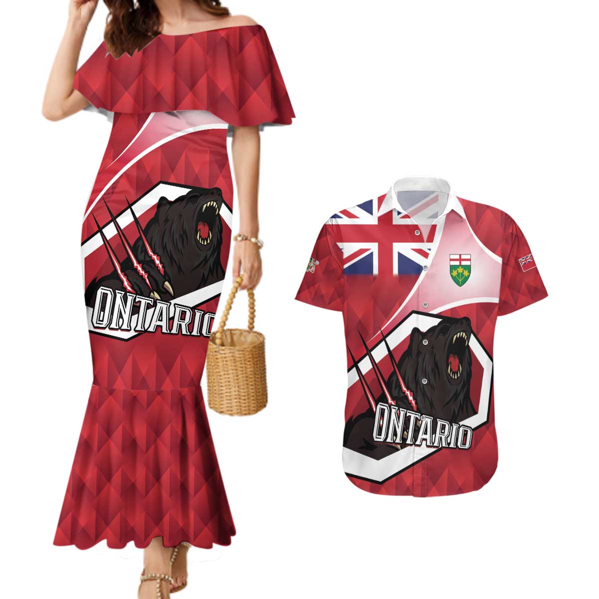 Personalized Canada Ontario Province Couples Matching Mermaid Dress and Hawaiian Shirt Black Bear Flag Stylized