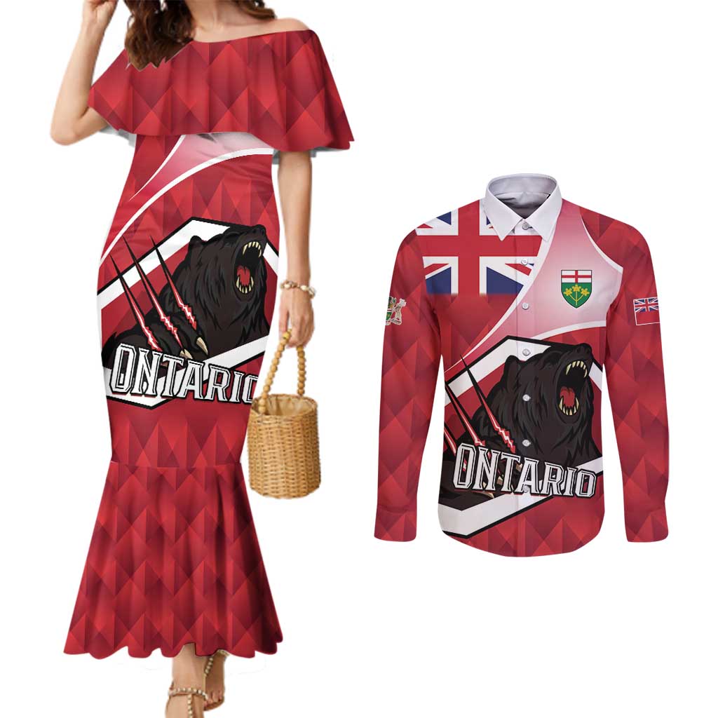 Personalized Canada Ontario Province Couples Matching Mermaid Dress and Long Sleeve Button Shirt Black Bear Flag Stylized