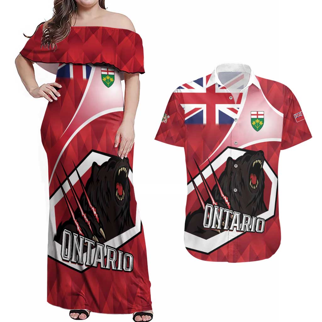 Personalized Canada Ontario Province Couples Matching Off Shoulder Maxi Dress and Hawaiian Shirt Black Bear Flag Stylized