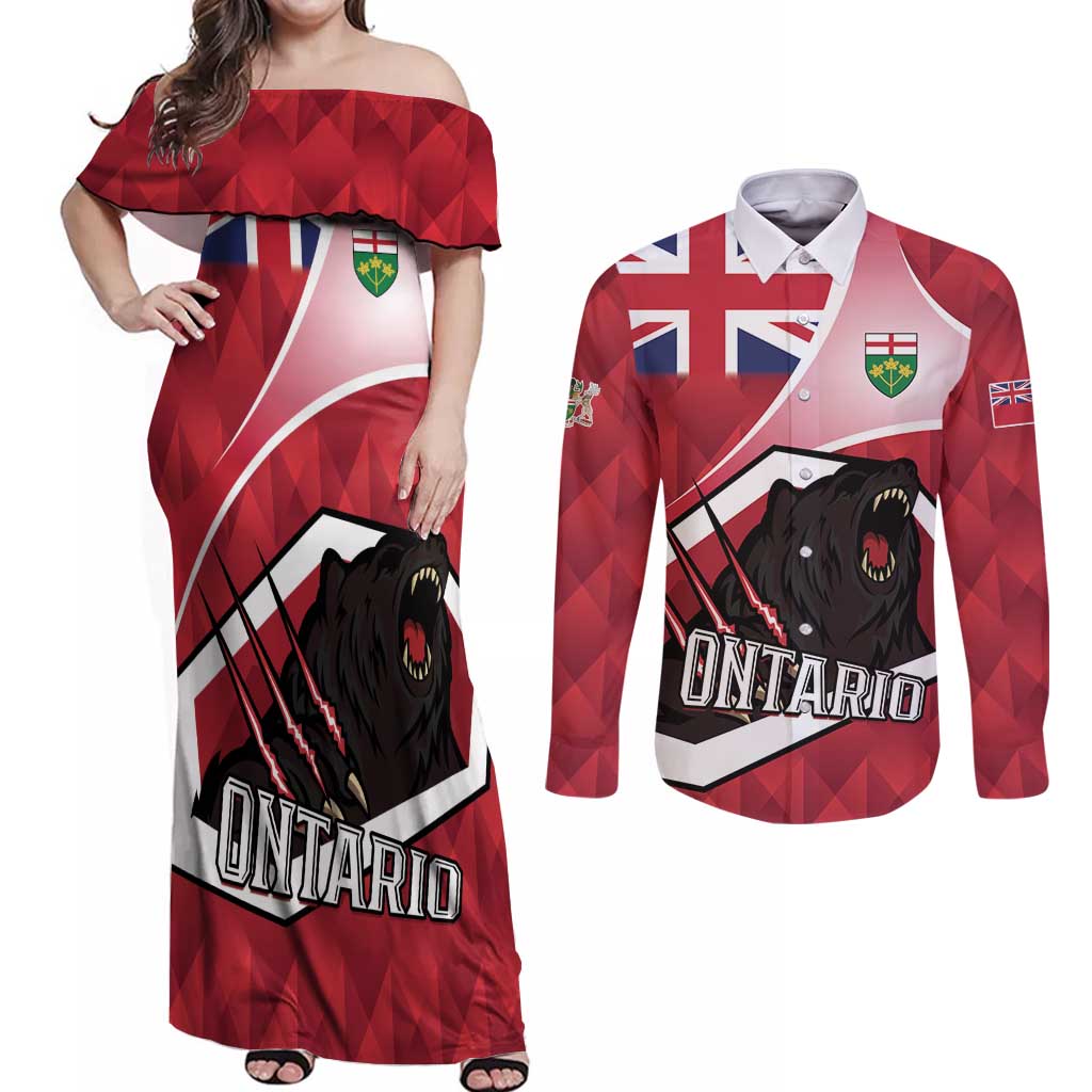 Personalized Canada Ontario Province Couples Matching Off Shoulder Maxi Dress and Long Sleeve Button Shirt Black Bear Flag Stylized