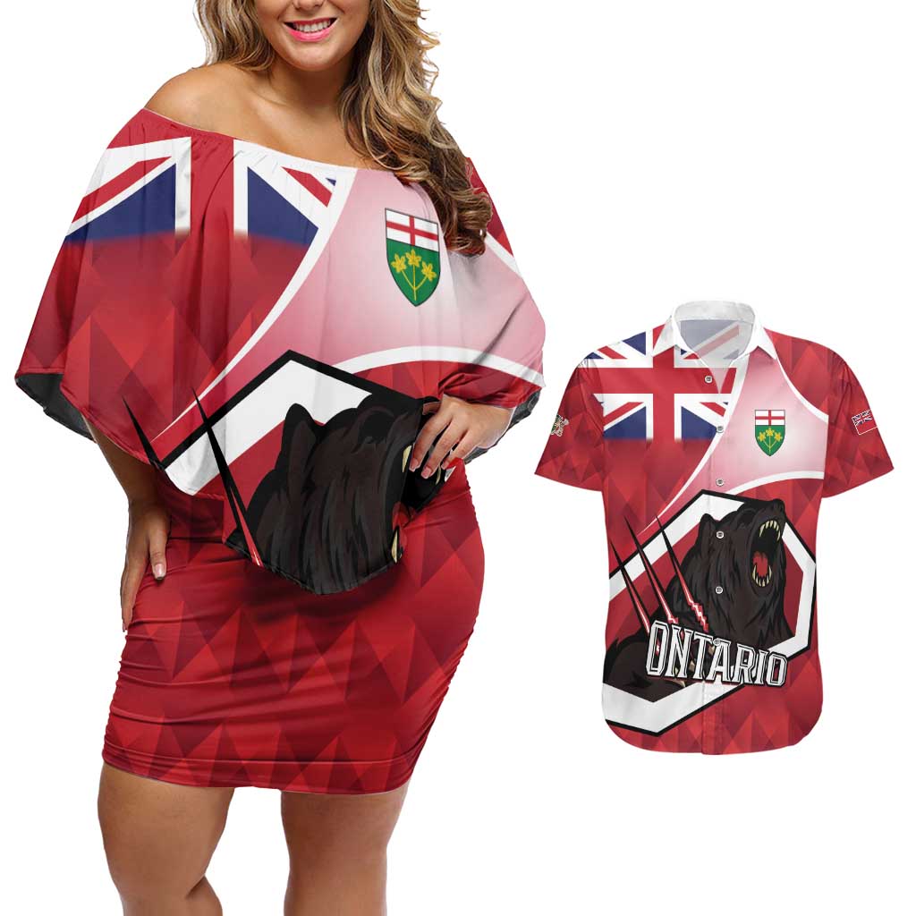 Personalized Canada Ontario Province Couples Matching Off Shoulder Short Dress and Hawaiian Shirt Black Bear Flag Stylized