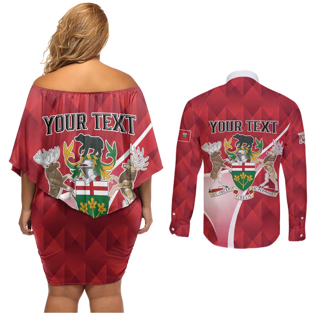 Personalized Canada Ontario Province Couples Matching Off Shoulder Short Dress and Long Sleeve Button Shirt Black Bear Flag Stylized