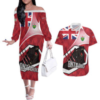 Personalized Canada Ontario Province Couples Matching Off The Shoulder Long Sleeve Dress and Hawaiian Shirt Black Bear Flag Stylized