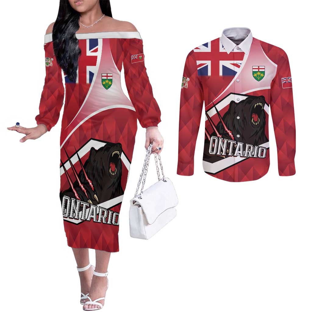 Personalized Canada Ontario Province Couples Matching Off The Shoulder Long Sleeve Dress and Long Sleeve Button Shirt Black Bear Flag Stylized