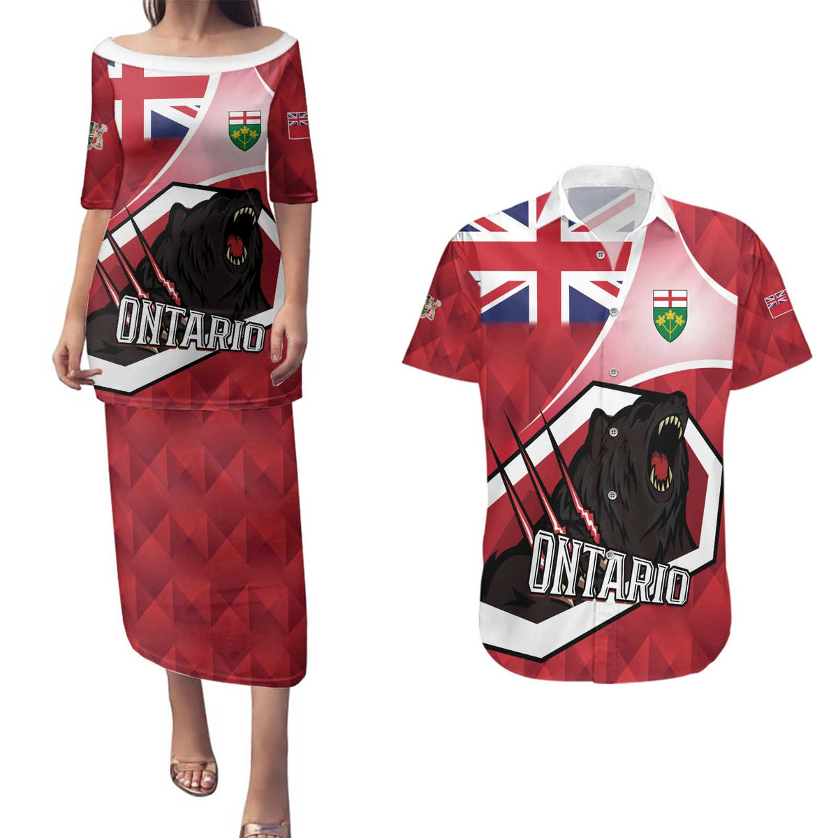 Personalized Canada Ontario Province Couples Matching Puletasi and Hawaiian Shirt Black Bear Flag Stylized