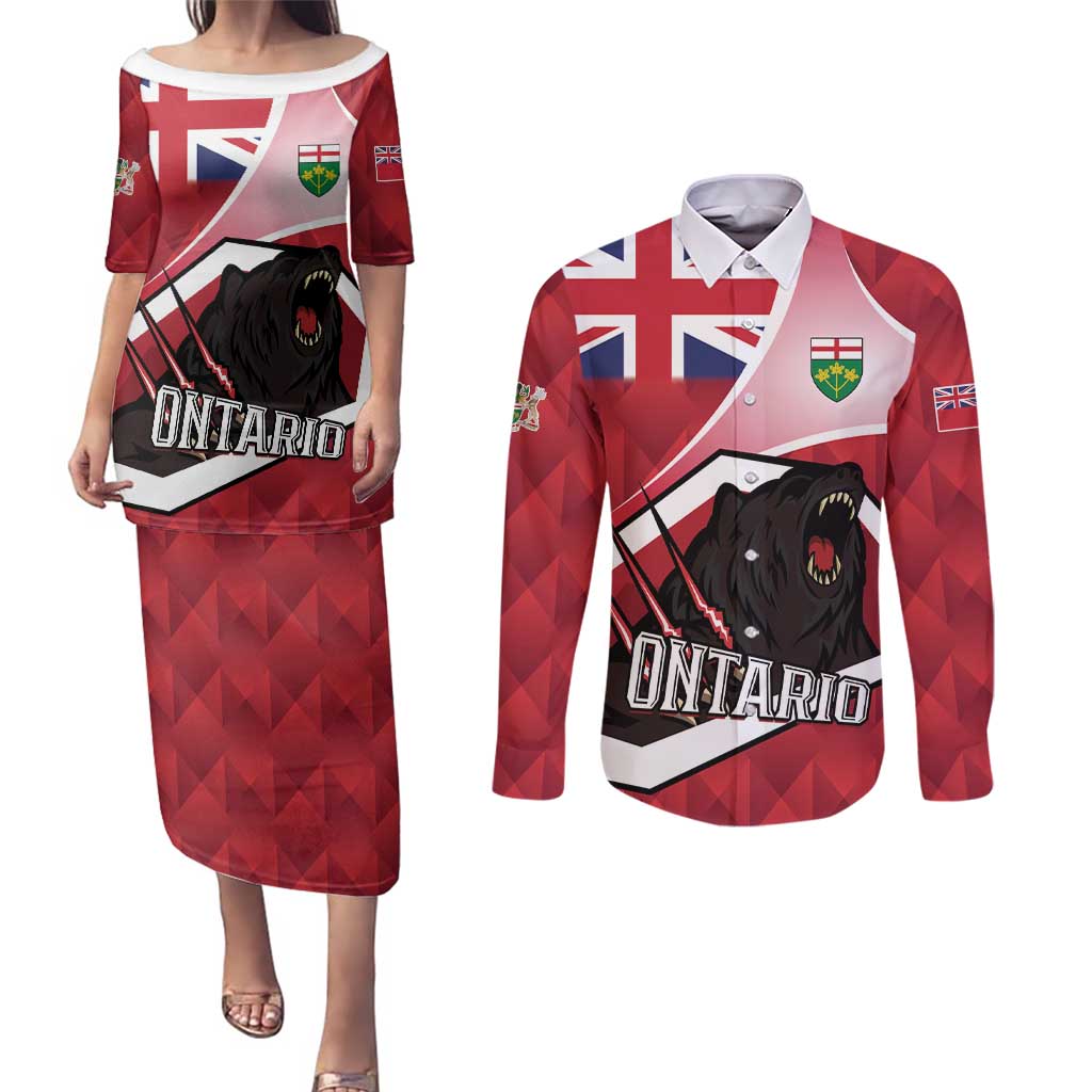 Personalized Canada Ontario Province Couples Matching Puletasi and Long Sleeve Button Shirt Black Bear Flag Stylized
