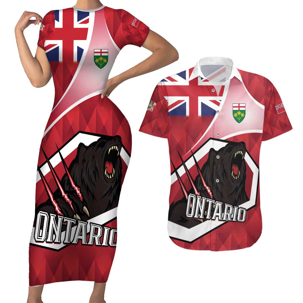 Personalized Canada Ontario Province Couples Matching Short Sleeve Bodycon Dress and Hawaiian Shirt Black Bear Flag Stylized