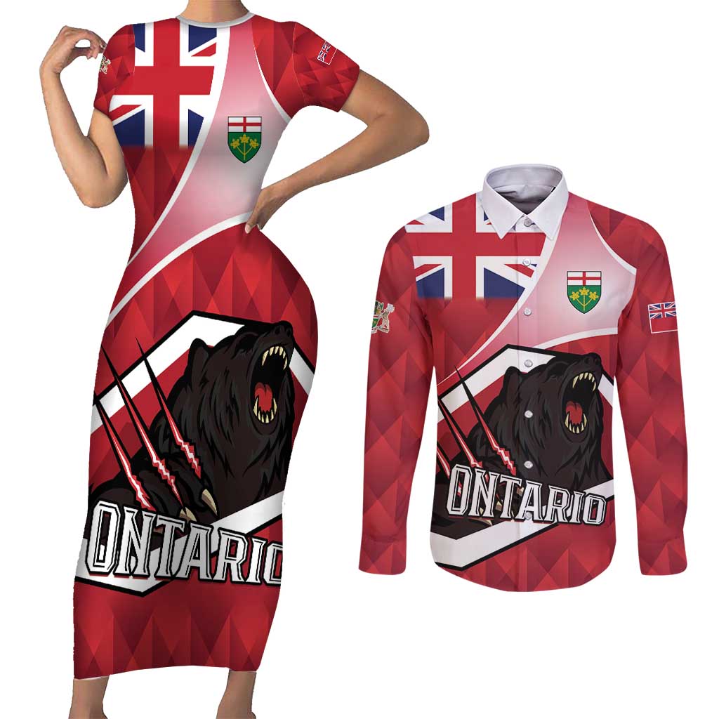 Personalized Canada Ontario Province Couples Matching Short Sleeve Bodycon Dress and Long Sleeve Button Shirt Black Bear Flag Stylized
