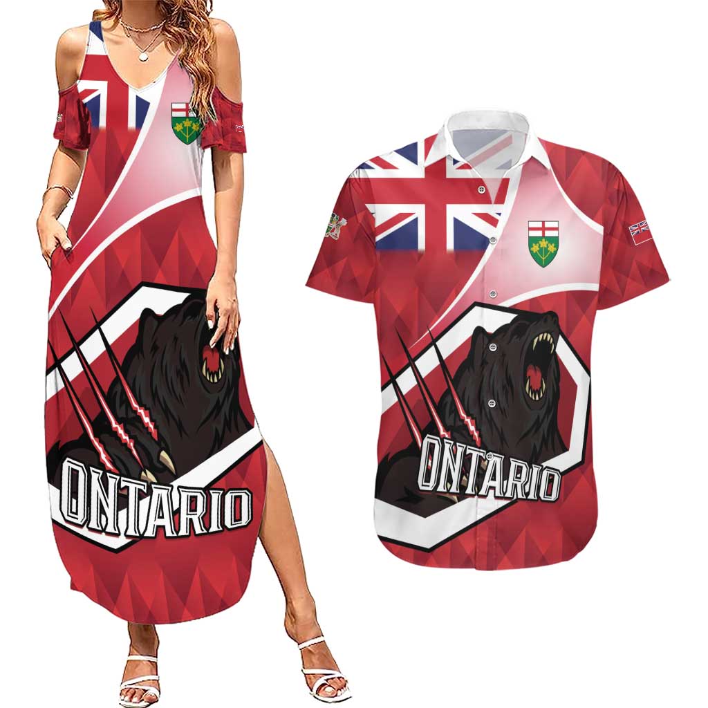 Personalized Canada Ontario Province Couples Matching Summer Maxi Dress and Hawaiian Shirt Black Bear Flag Stylized