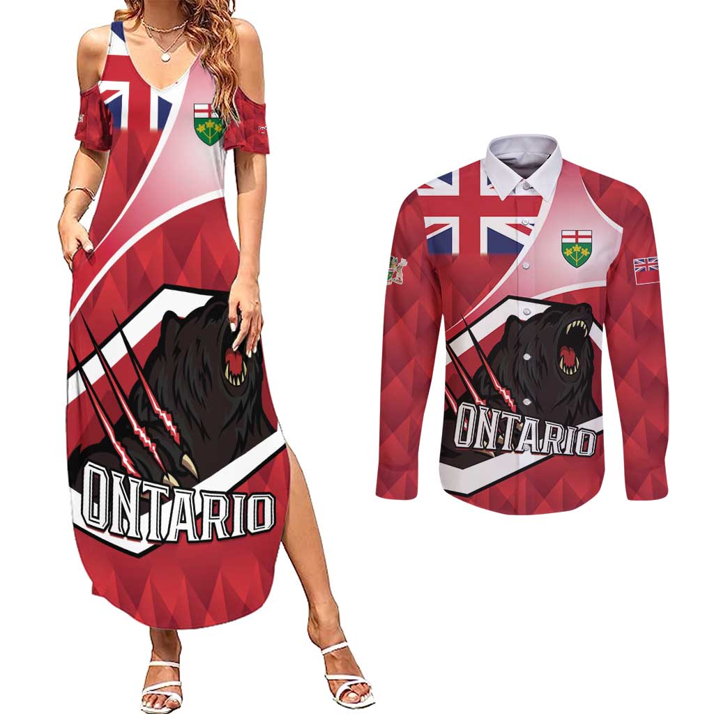 Personalized Canada Ontario Province Couples Matching Summer Maxi Dress and Long Sleeve Button Shirt Black Bear Flag Stylized