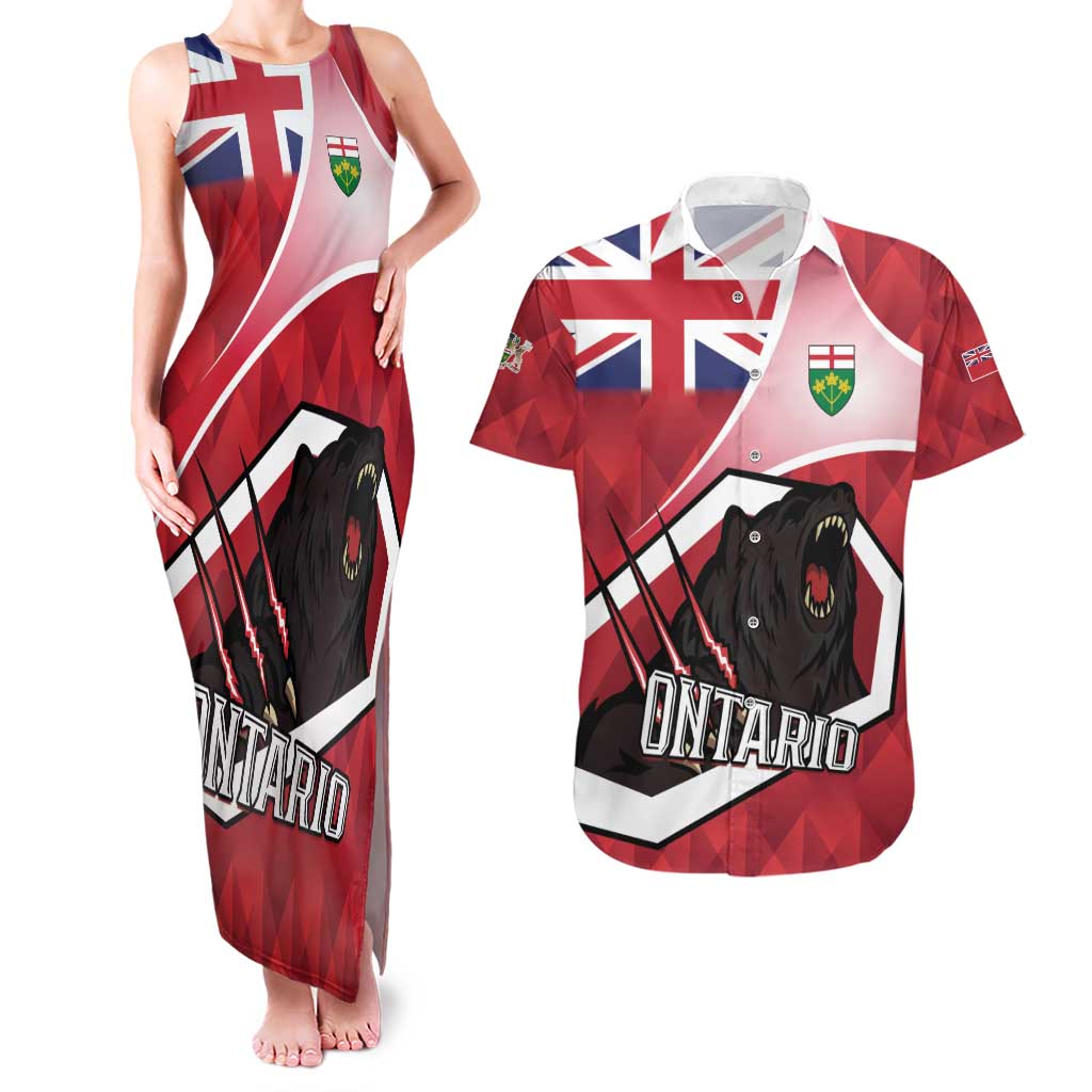 Personalized Canada Ontario Province Couples Matching Tank Maxi Dress and Hawaiian Shirt Black Bear Flag Stylized