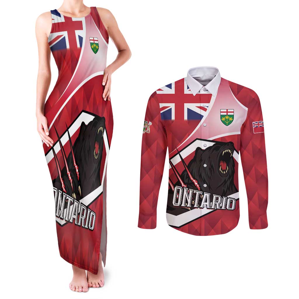 Personalized Canada Ontario Province Couples Matching Tank Maxi Dress and Long Sleeve Button Shirt Black Bear Flag Stylized