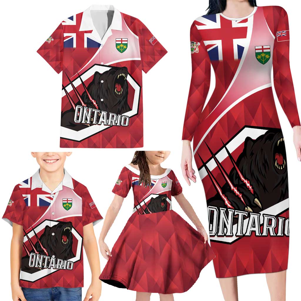Personalized Canada Ontario Province Family Matching Long Sleeve Bodycon Dress and Hawaiian Shirt Black Bear Flag Stylized