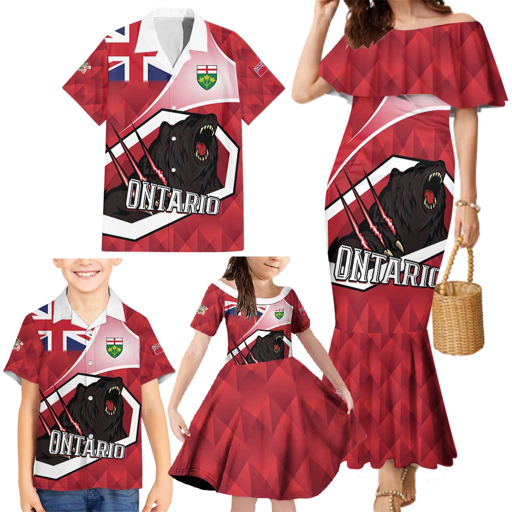 Personalized Canada Ontario Province Family Matching Mermaid Dress and Hawaiian Shirt Black Bear Flag Stylized