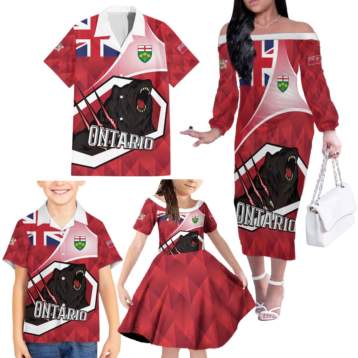 Personalized Canada Ontario Province Family Matching Off The Shoulder Long Sleeve Dress and Hawaiian Shirt Black Bear Flag Stylized