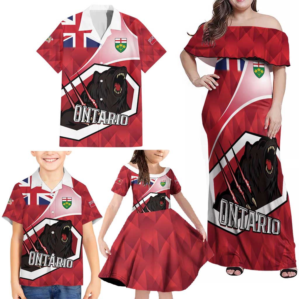 Personalized Canada Ontario Province Family Matching Off Shoulder Maxi Dress and Hawaiian Shirt Black Bear Flag Stylized