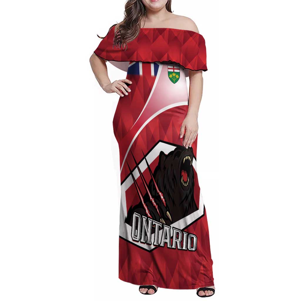 Personalized Canada Ontario Province Family Matching Off Shoulder Maxi Dress and Hawaiian Shirt Black Bear Flag Stylized