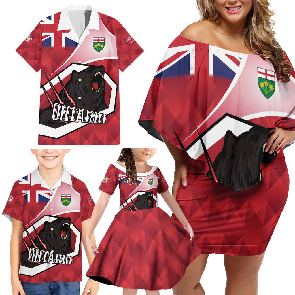 Personalized Canada Ontario Province Family Matching Off Shoulder Short Dress and Hawaiian Shirt Black Bear Flag Stylized