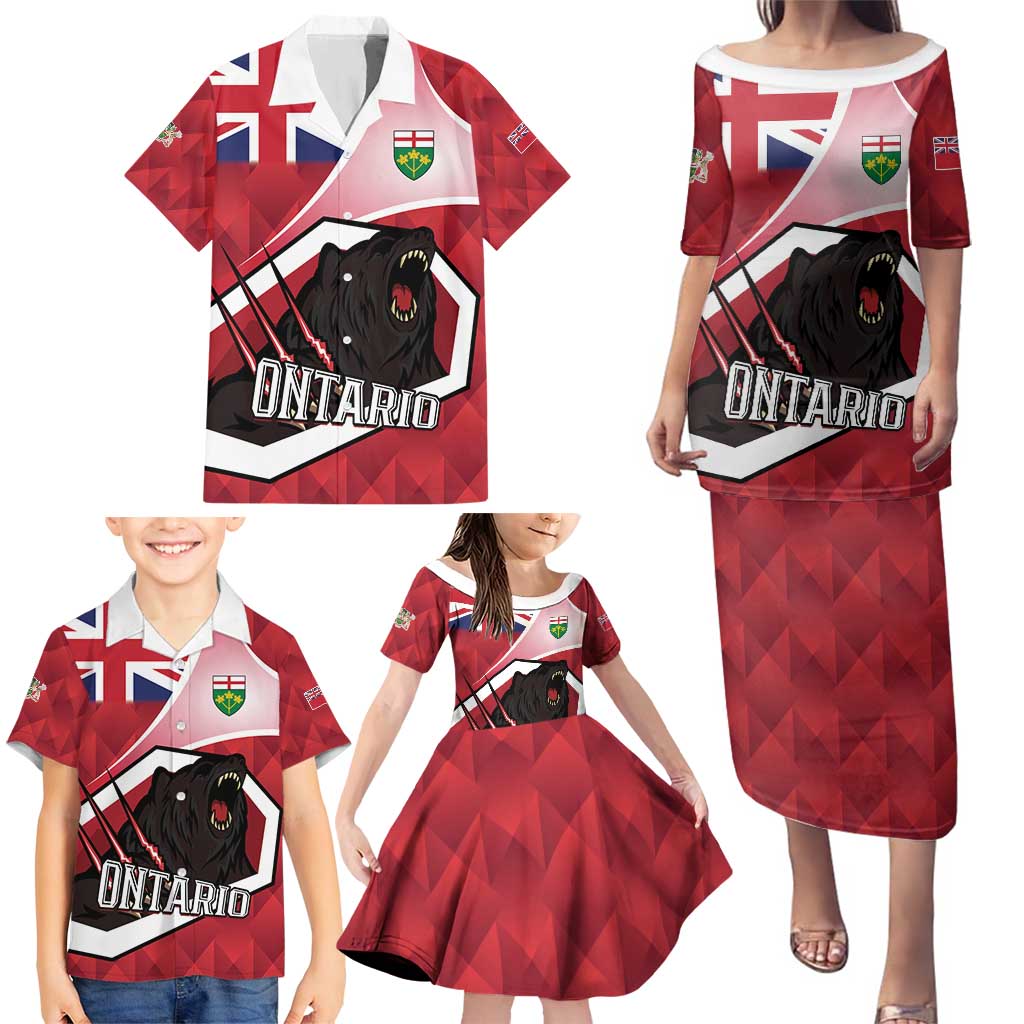 Personalized Canada Ontario Province Family Matching Puletasi and Hawaiian Shirt Black Bear Flag Stylized
