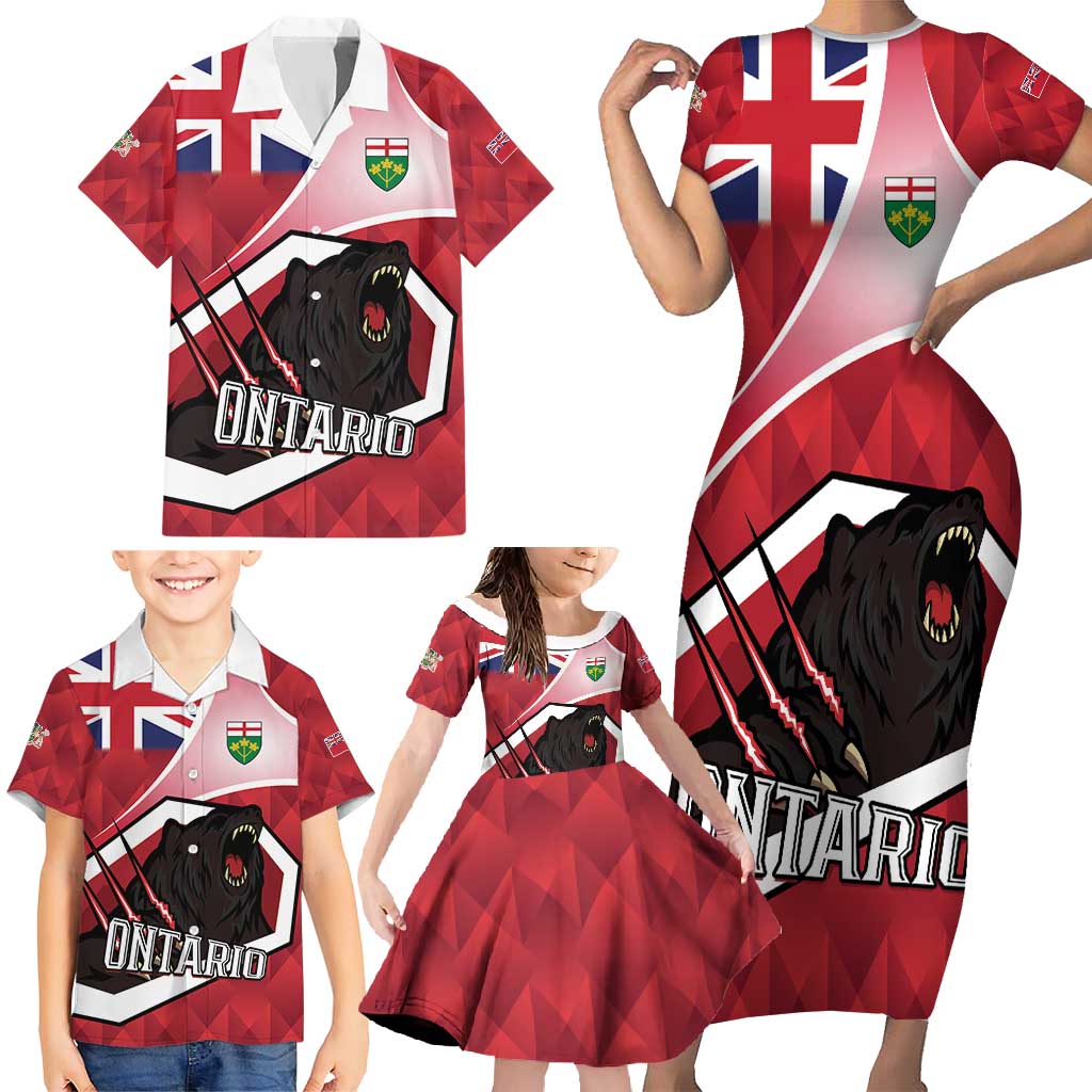 Personalized Canada Ontario Province Family Matching Short Sleeve Bodycon Dress and Hawaiian Shirt Black Bear Flag Stylized