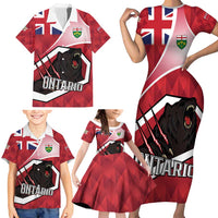 Personalized Canada Ontario Province Family Matching Short Sleeve Bodycon Dress and Hawaiian Shirt Black Bear Flag Stylized