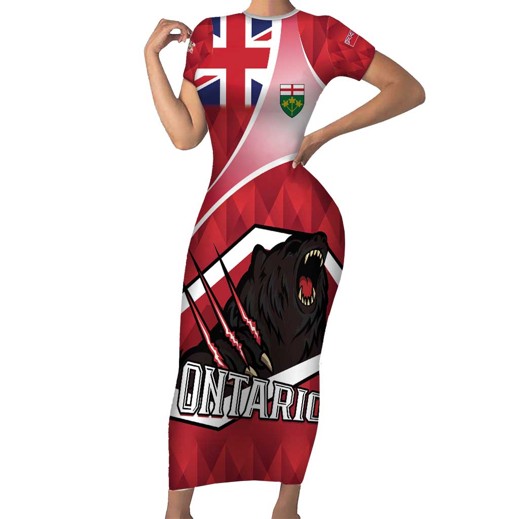 Personalized Canada Ontario Province Family Matching Short Sleeve Bodycon Dress and Hawaiian Shirt Black Bear Flag Stylized