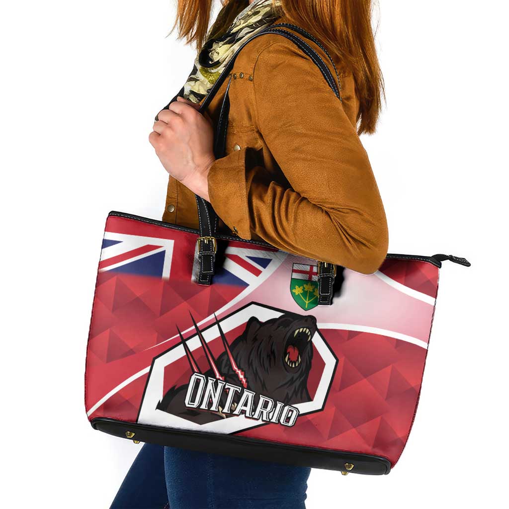 Canada Ontario Province Leather Tote Bag Black Bear Flag Stylized
