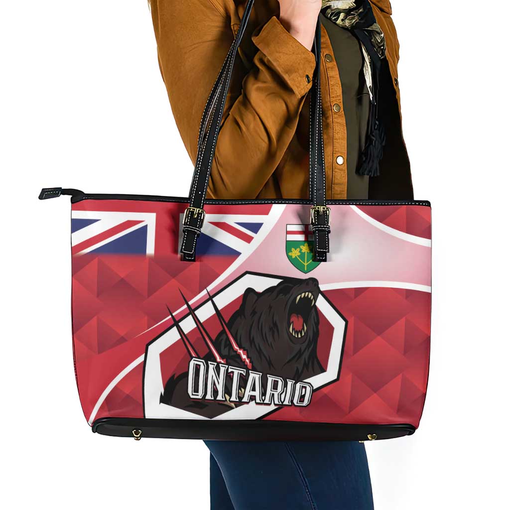 Canada Ontario Province Leather Tote Bag Black Bear Flag Stylized