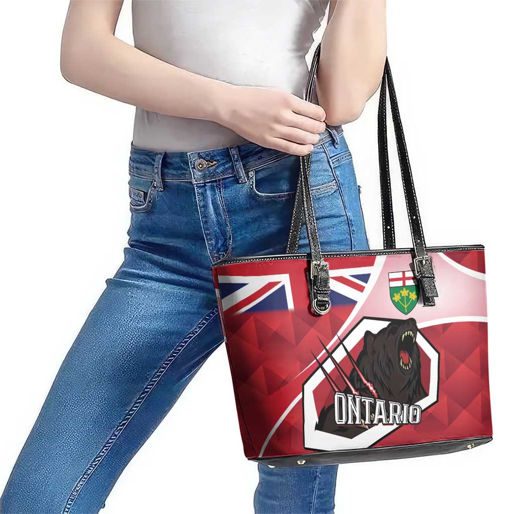 Canada Ontario Province Leather Tote Bag Black Bear Flag Stylized