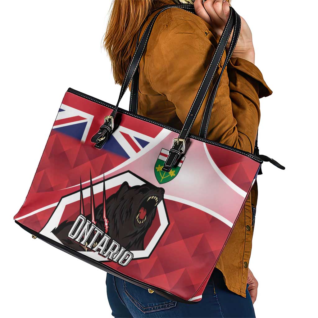 Canada Ontario Province Leather Tote Bag Black Bear Flag Stylized