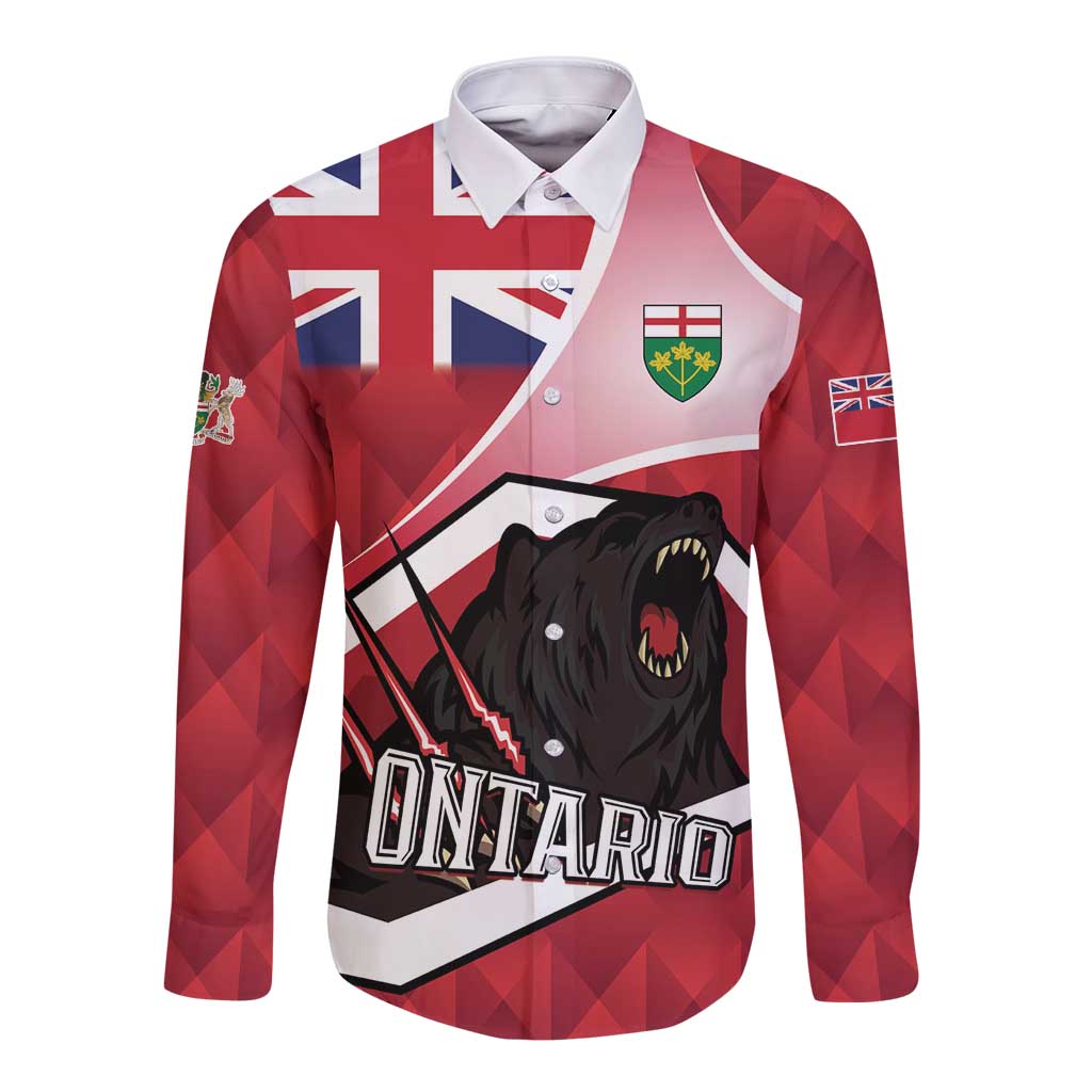 Personalized Canada Ontario Province Long Sleeve Button Shirt Black Bear Flag Stylized