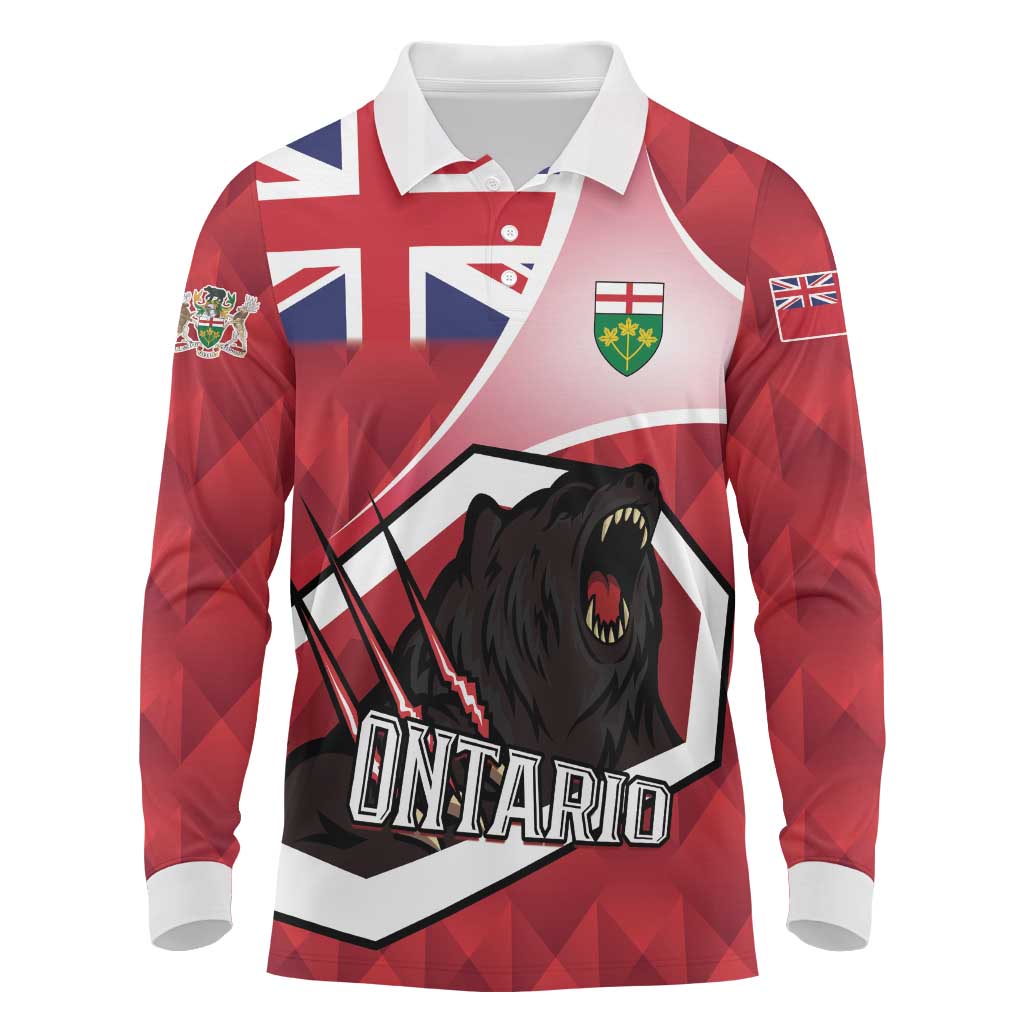 Personalized Canada Ontario Province Long Sleeve Polo Shirt Black Bear Flag Stylized