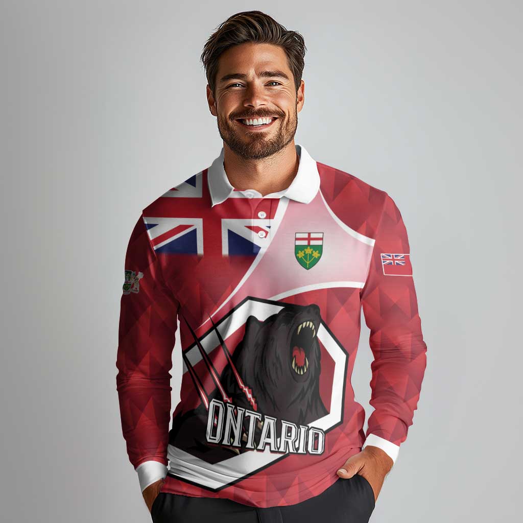 Personalized Canada Ontario Province Long Sleeve Polo Shirt Black Bear Flag Stylized