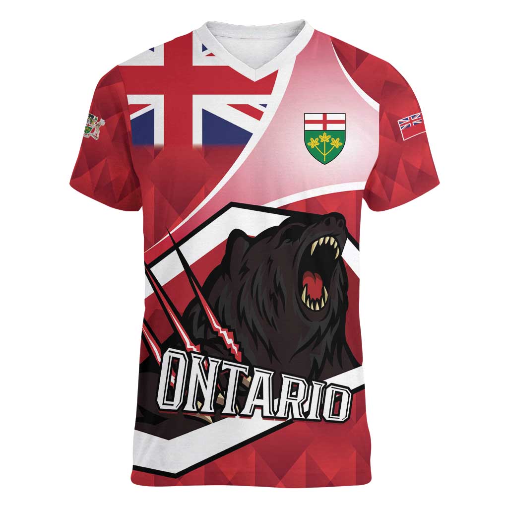 Personalized Canada Ontario Province Women V-Neck T-Shirt Black Bear Flag Stylized