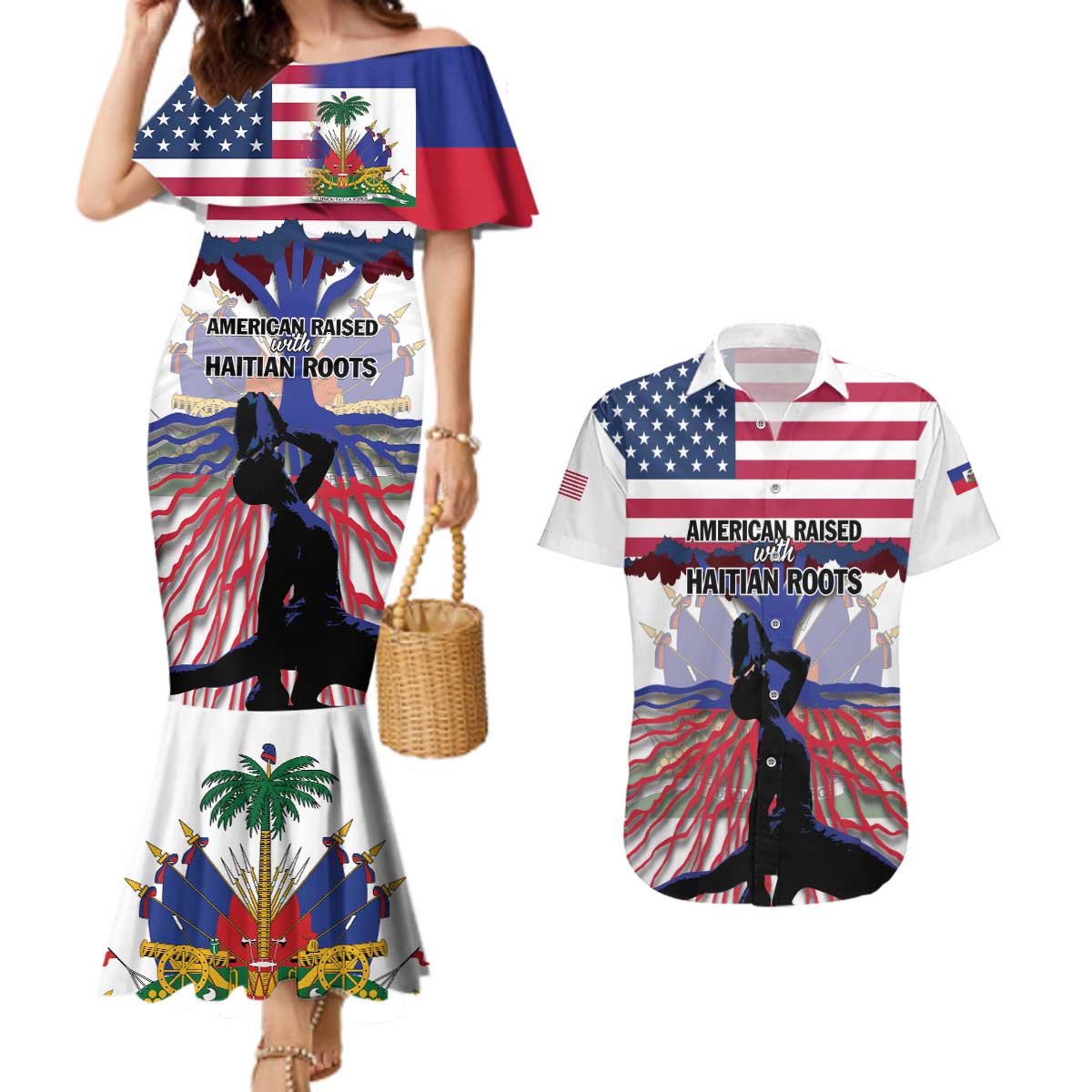 Haiti Heritage Month 2025 Couples Matching Mermaid Dress and Hawaiian Shirt American Raised With Haitian Roots
