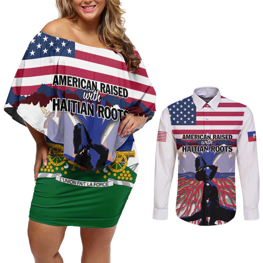 Haiti Heritage Month 2025 Couples Matching Off Shoulder Short Dress and Long Sleeve Button Shirt American Raised With Haitian Roots