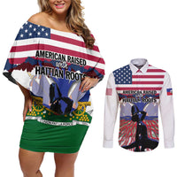 Haiti Heritage Month 2025 Couples Matching Off Shoulder Short Dress and Long Sleeve Button Shirt American Raised With Haitian Roots