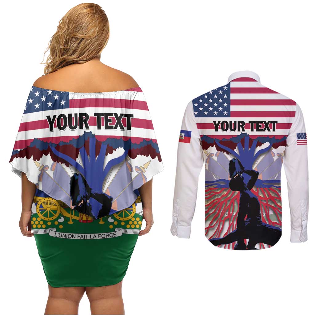 Haiti Heritage Month 2025 Couples Matching Off Shoulder Short Dress and Long Sleeve Button Shirt American Raised With Haitian Roots