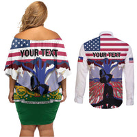 Haiti Heritage Month 2025 Couples Matching Off Shoulder Short Dress and Long Sleeve Button Shirt American Raised With Haitian Roots