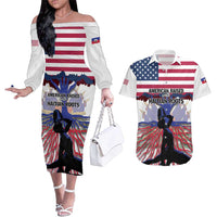 Haiti Heritage Month 2025 Couples Matching Off The Shoulder Long Sleeve Dress and Hawaiian Shirt American Raised With Haitian Roots